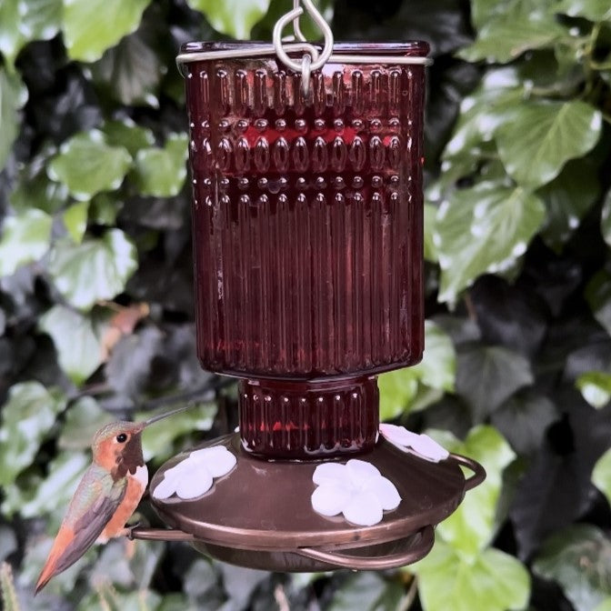 Load image into Gallery viewer, Crimson Carnation Antique Glass Gravity Hummingbird Feeder