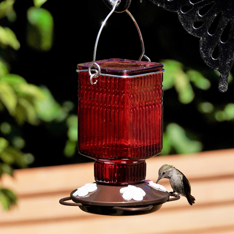 Load image into Gallery viewer, Crimson Carnation Antique Glass Gravity Hummingbird Feeder