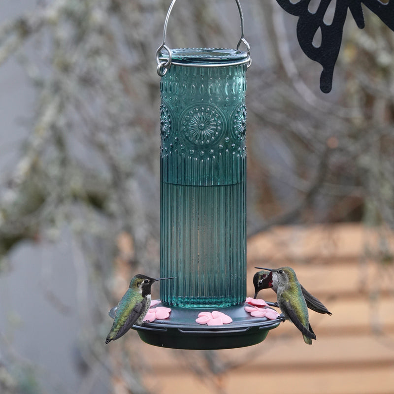 Load image into Gallery viewer, Antique Teal Glass Gravity Hummingbird Feeder