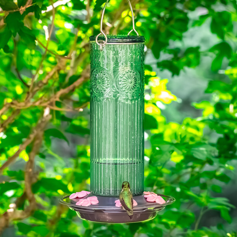 Load image into Gallery viewer, Antique Teal Glass Gravity Hummingbird Feeder