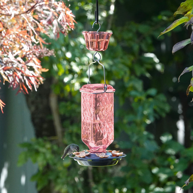 Load image into Gallery viewer, Rosewood Column Antique Glass Gravity Hummingbird Feeder with Ant Moat