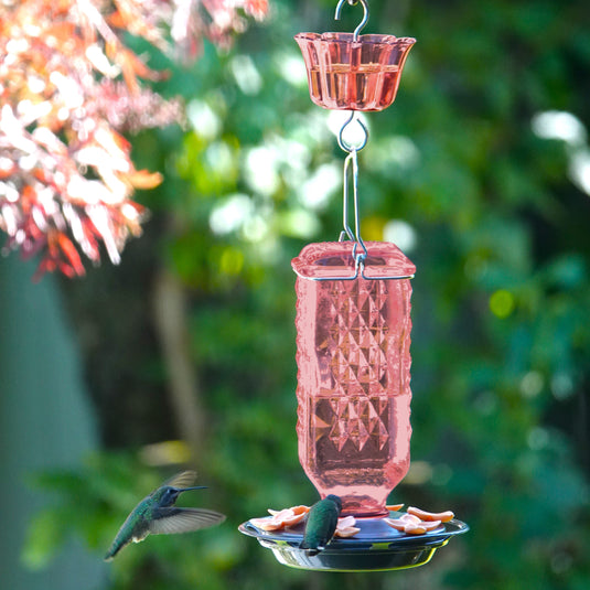 Rosewood Column Antique Glass Gravity Hummingbird Feeder with Ant Moat