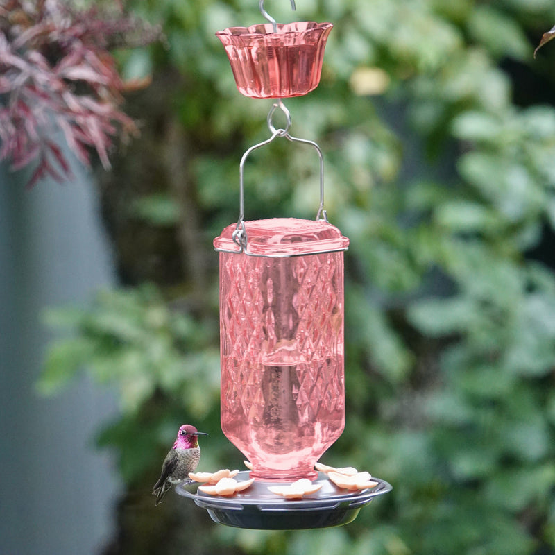 Load image into Gallery viewer, Rosewood Column Antique Glass Gravity Hummingbird Feeder with Ant Moat