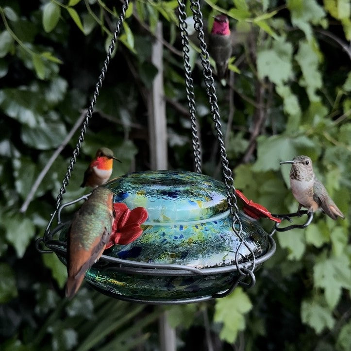 Load image into Gallery viewer, Spring Rain Illuminated Handblown Glass Top-Fill Hummingbird Feeder