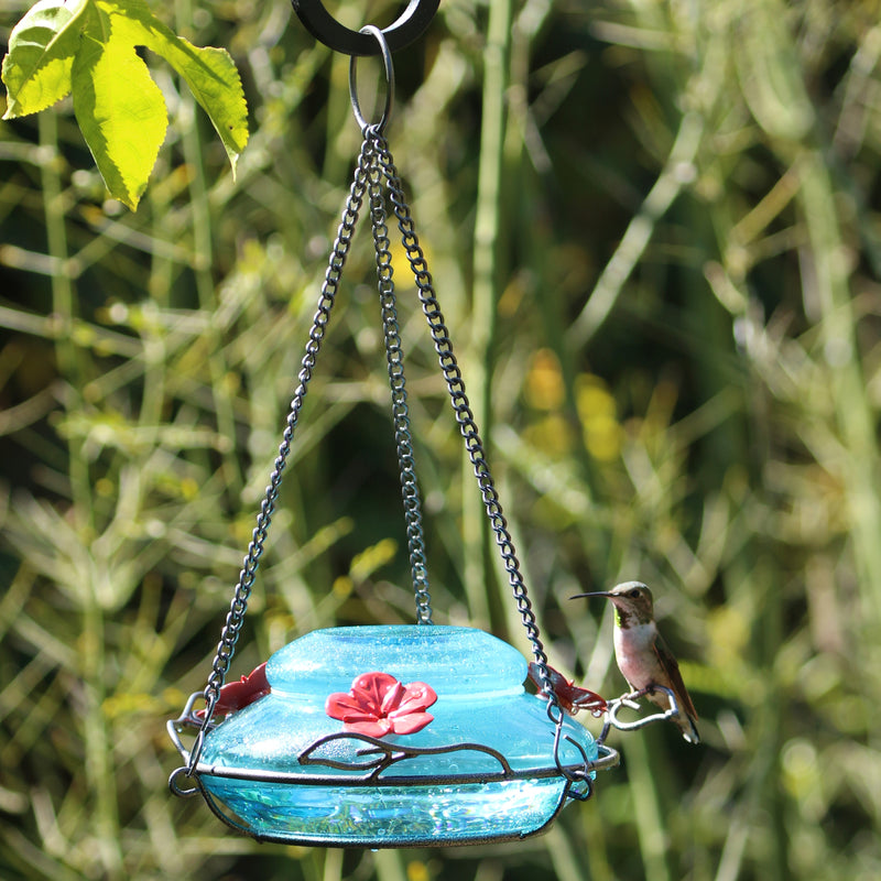 Load image into Gallery viewer, Mason Jar Blue Handblown Glass Top-Fill Dish Hummingbird Feeder