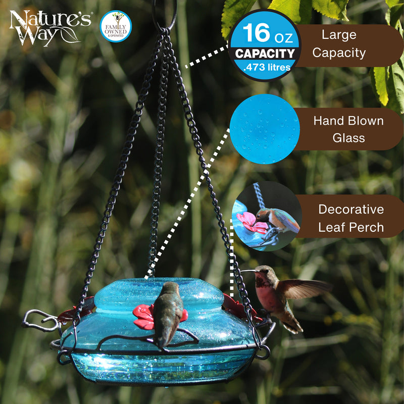Load image into Gallery viewer, Mason Jar Blue Handblown Glass Top-Fill Dish Hummingbird Feeder