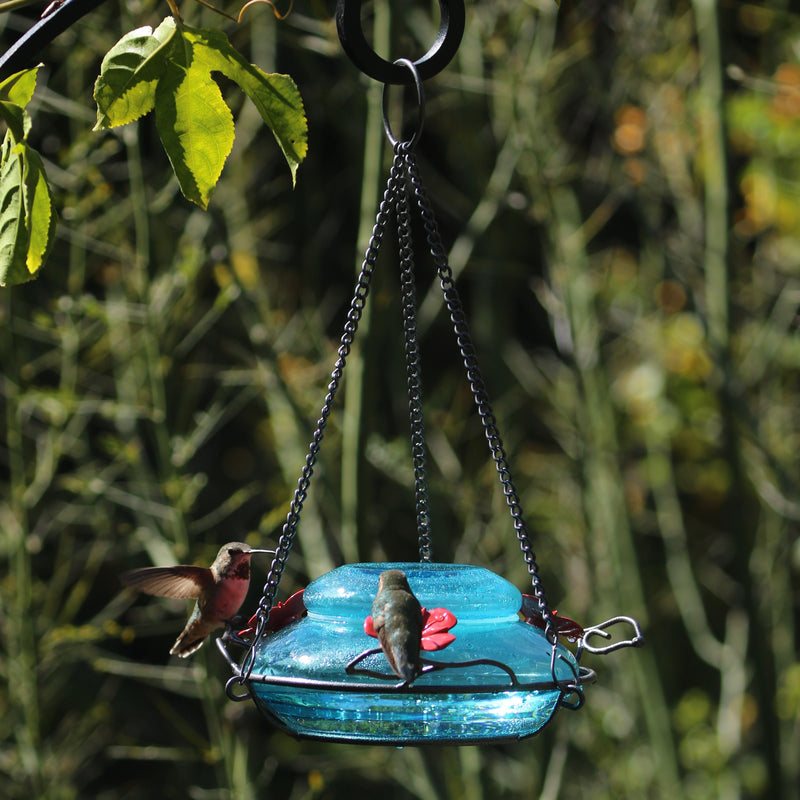Load image into Gallery viewer, Mason Jar Blue Handblown Glass Top-Fill Dish Hummingbird Feeder