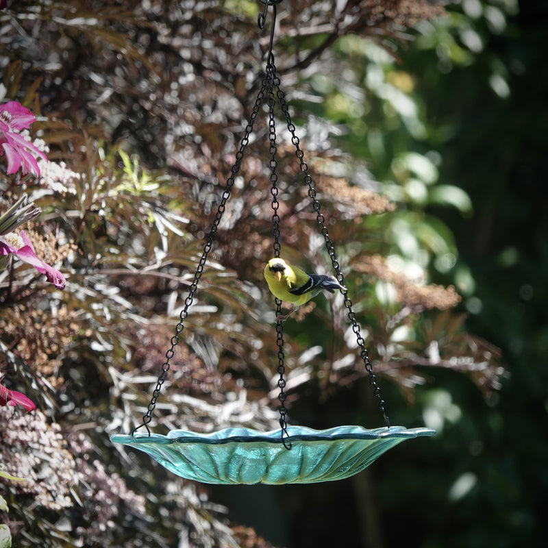 Load image into Gallery viewer, 11” Recycled Glass Hanging Combination Bird Feeder and Bath - Turquoise Dahlia