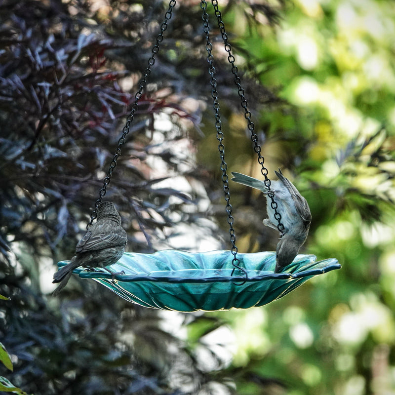 Load image into Gallery viewer, 11” Recycled Glass Hanging Combination Bird Feeder and Bath - Turquoise Dahlia