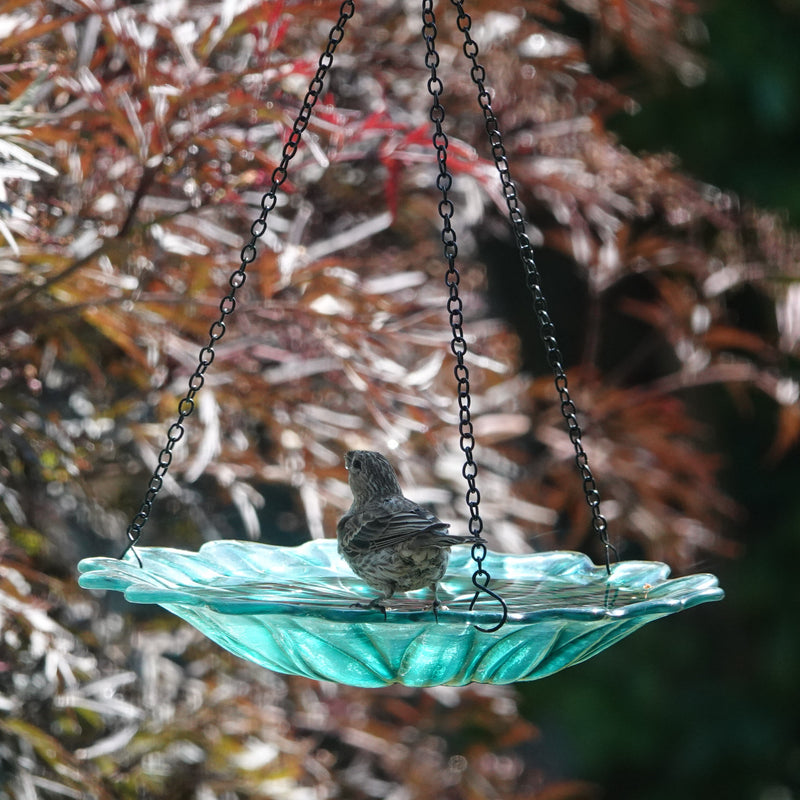 Load image into Gallery viewer, 11” Recycled Glass Hanging Combination Bird Feeder and Bath - Turquoise Dahlia