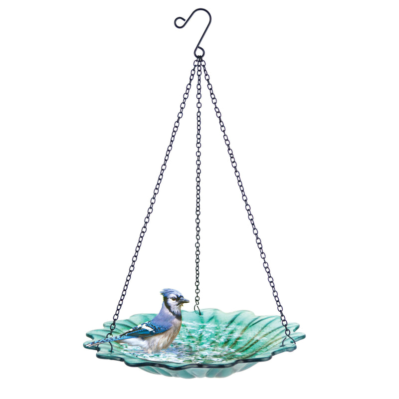 Load image into Gallery viewer, 11” Recycled Glass Hanging Combination Bird Feeder and Bath - Turquoise Dahlia