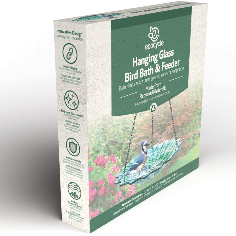 Load image into Gallery viewer, 11” Recycled Glass Hanging Combination Bird Feeder and Bath - Turquoise Dahlia