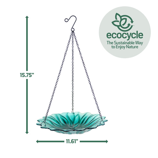 11” Recycled Glass Hanging Combination Bird Feeder and Bath - Turquoise Dahlia