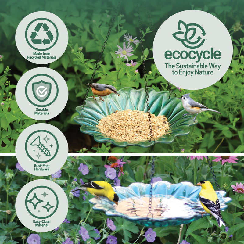 Load image into Gallery viewer, 11” Recycled Glass Hanging Combination Bird Feeder and Bath - Turquoise Dahlia