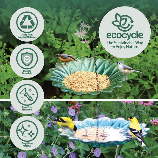 11” Recycled Glass Hanging Combination Bird Feeder and Bath - Turquoise Dahlia