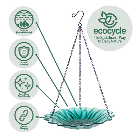 11” Recycled Glass Hanging Combination Bird Feeder and Bath - Turquoise Dahlia