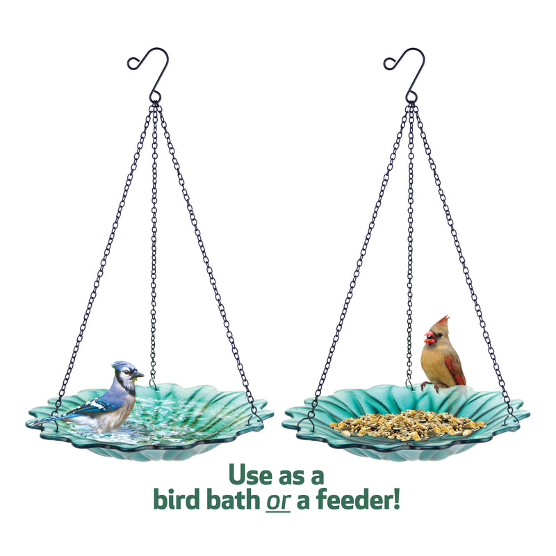 Load image into Gallery viewer, 11” Recycled Glass Hanging Combination Bird Feeder and Bath - Turquoise Dahlia