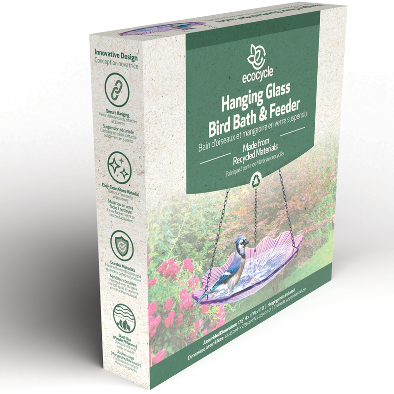 Load image into Gallery viewer, 11” Recycled Glass Hanging Combination Bird Feeder and Bath - Violet Begonia