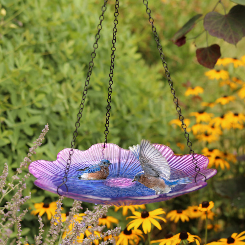 Load image into Gallery viewer, 11” Recycled Glass Hanging Combination Bird Feeder and Bath - Violet Begonia