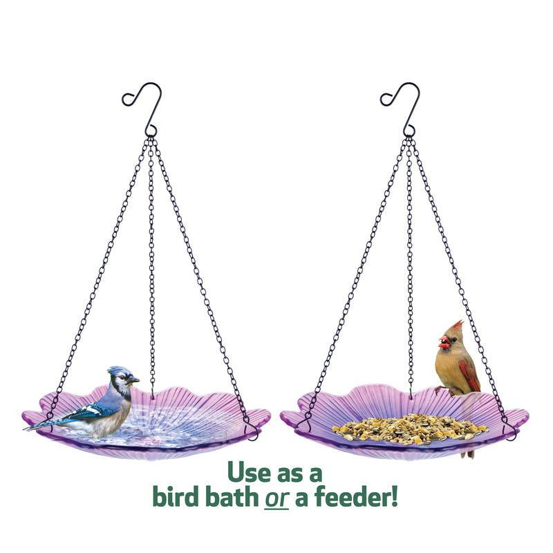 Load image into Gallery viewer, 11” Recycled Glass Hanging Combination Bird Feeder and Bath - Violet Begonia