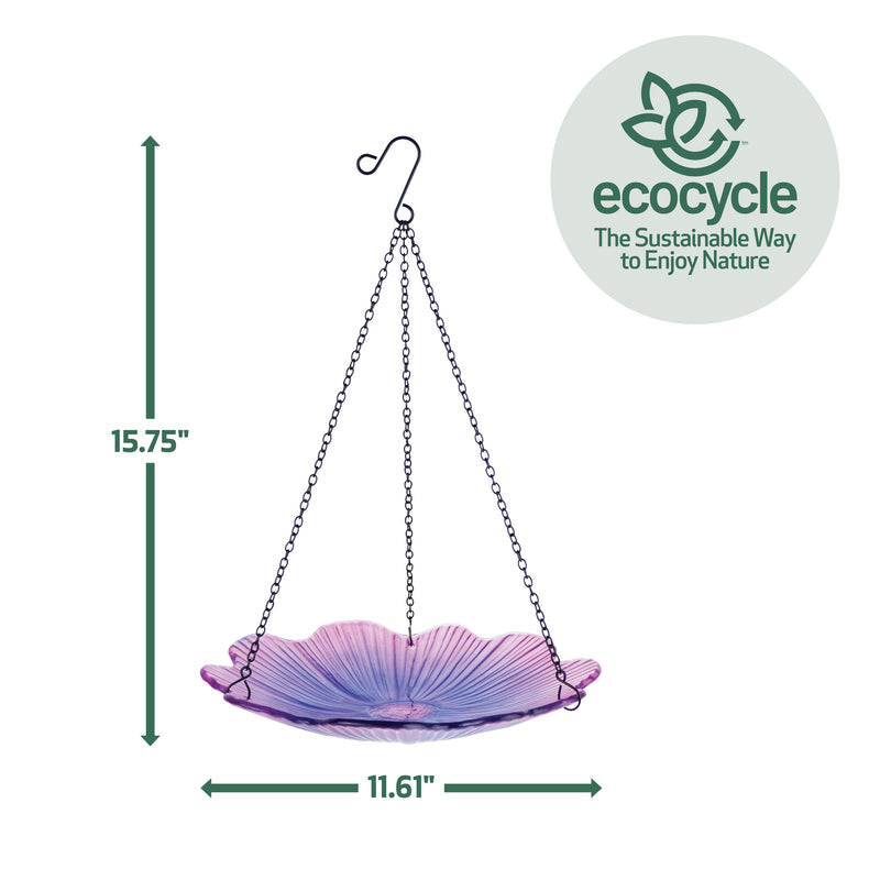 Load image into Gallery viewer, 11” Recycled Glass Hanging Combination Bird Feeder and Bath - Violet Begonia