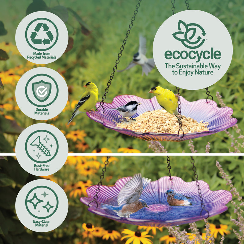 Load image into Gallery viewer, 11” Recycled Glass Hanging Combination Bird Feeder and Bath - Violet Begonia