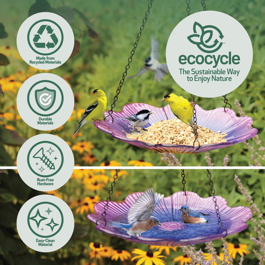 11” Recycled Glass Hanging Combination Bird Feeder and Bath - Violet Begonia
