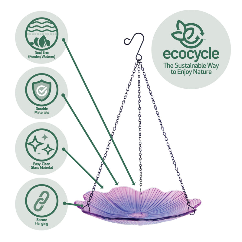 Load image into Gallery viewer, 11” Recycled Glass Hanging Combination Bird Feeder and Bath - Violet Begonia
