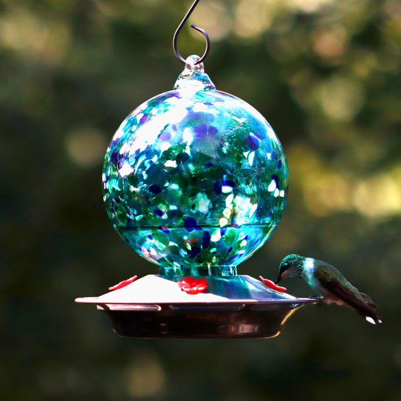 Load image into Gallery viewer, Garden Globe Handblown Recycled Glass Hummingbird Feeder