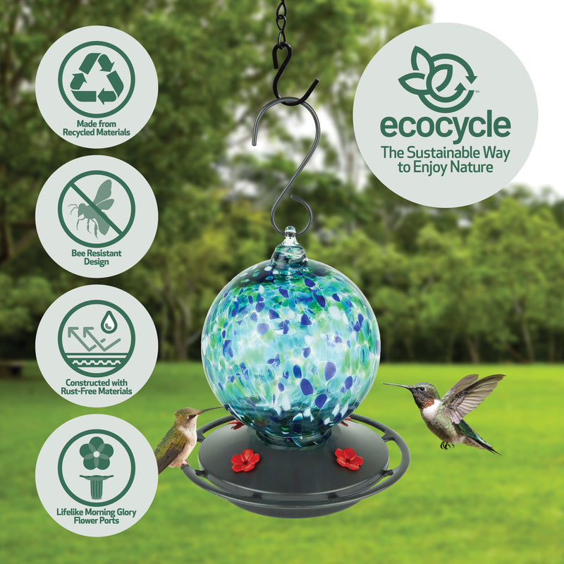 Load image into Gallery viewer, Garden Globe Handblown Recycled Glass Hummingbird Feeder