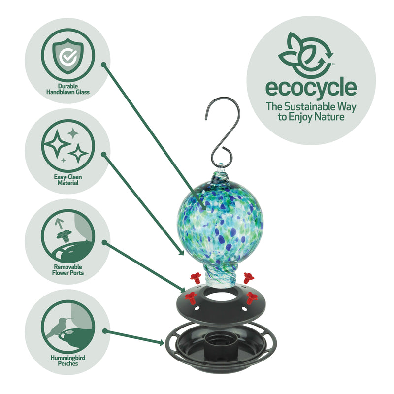 Load image into Gallery viewer, Garden Globe Handblown Recycled Glass Hummingbird Feeder
