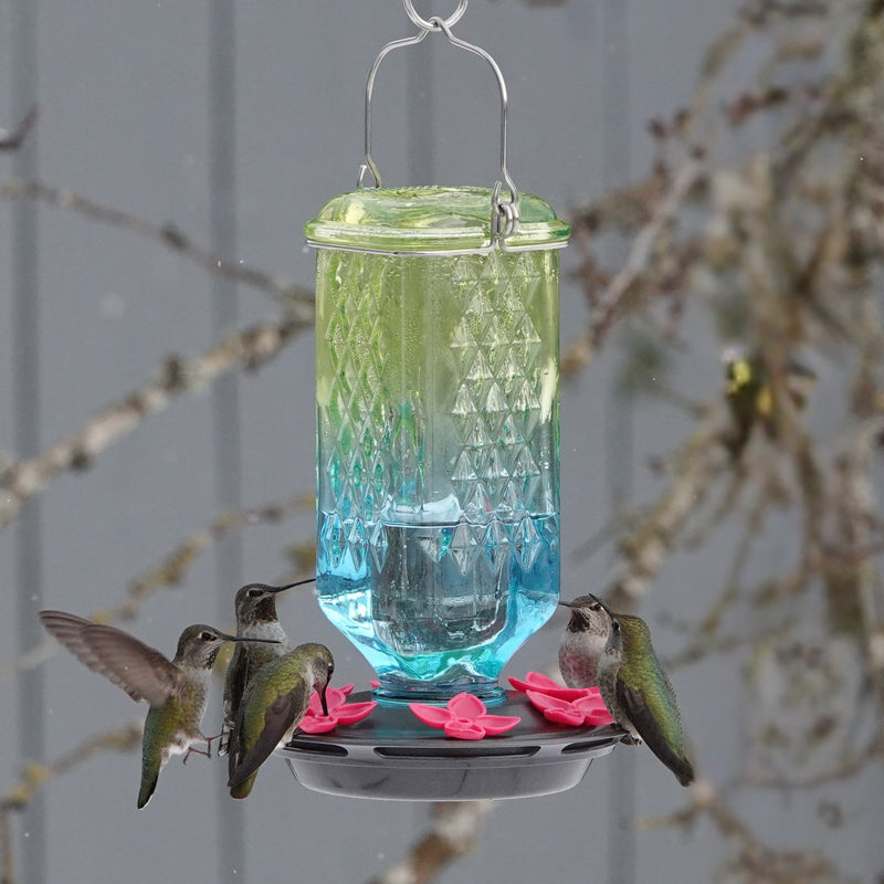 Load image into Gallery viewer, Seafoam Ombre Column Antique Glass Gravity Hummingbird Feeder