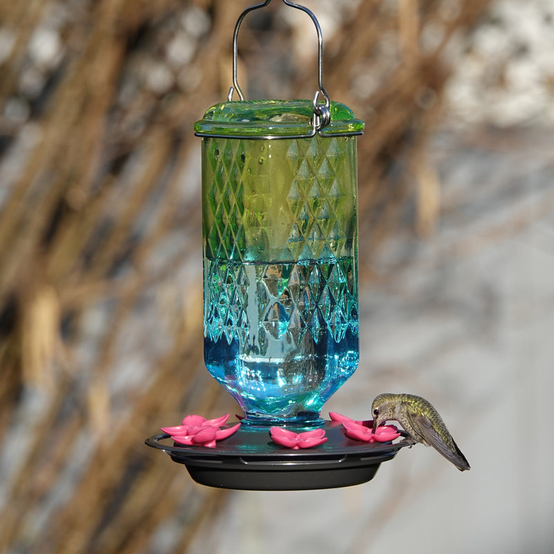 Load image into Gallery viewer, Seafoam Ombre Column Antique Glass Hummingbird Gravity Feeder