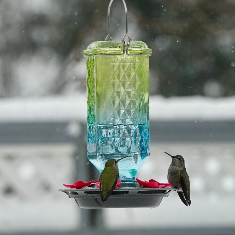 Load image into Gallery viewer, Seafoam Ombre Column Antique Glass Gravity Hummingbird Feeder