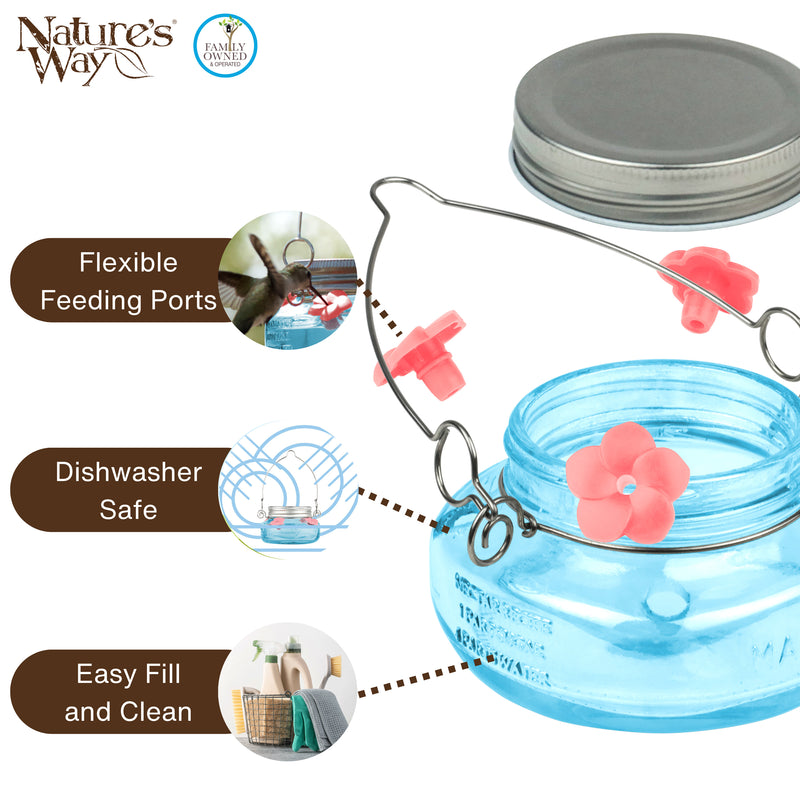 Load image into Gallery viewer, Antique Teal Mason Jar Glass Top-Fill Dish Hummingbird Feeder