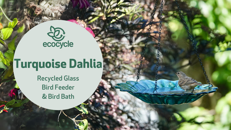 Load and play video in Gallery viewer, 11” Recycled Glass Hanging Combination Bird Feeder and Bath - Turquoise Dahlia