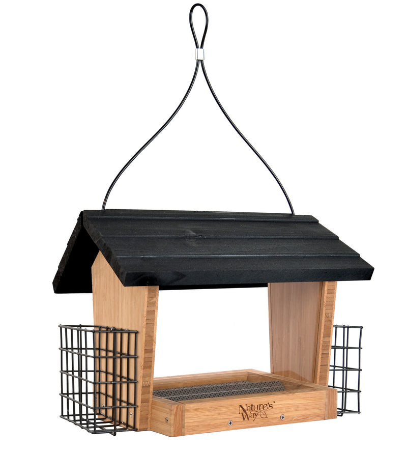 Load image into Gallery viewer, Nature&#39;s Way 6 QT bamboo Hopper bird Feeder with two Suet cages
