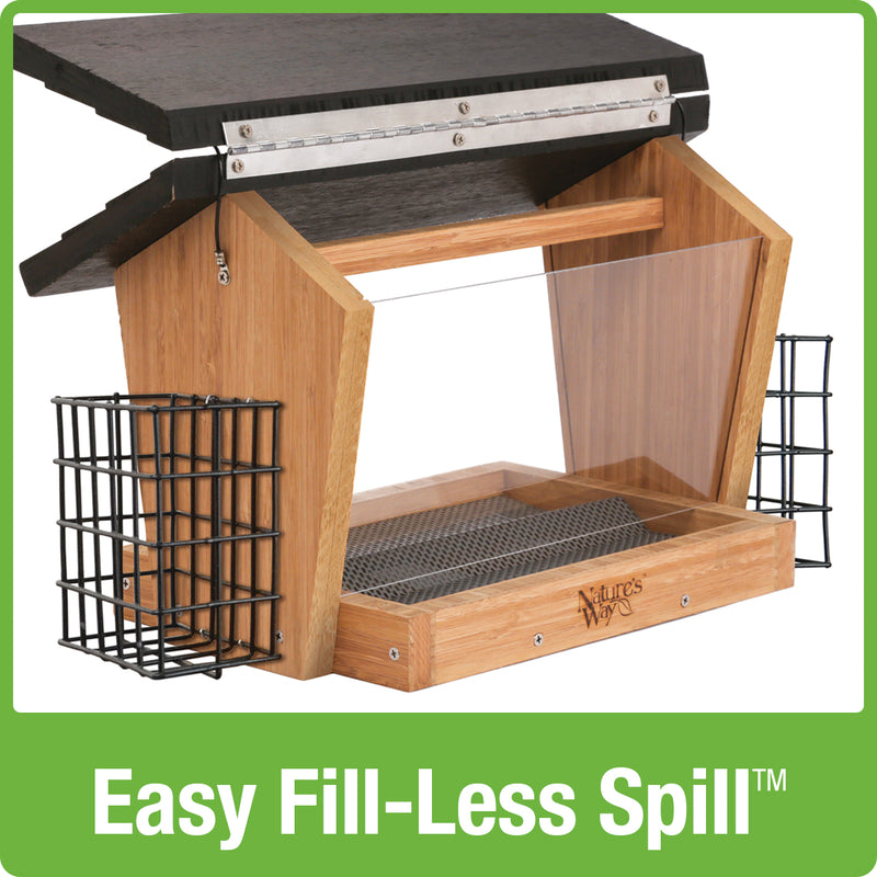 Load image into Gallery viewer, Demonstration of easy fill-less spill roof with no tools required on Nature&#39;s Way 6 QT bamboo Hopper bird Feeder with two Suet cages
