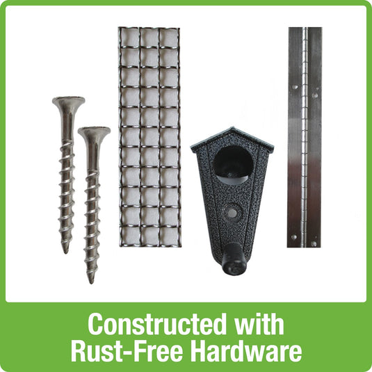 Screws, steel mesh, feeding ports and brackets are constructed with rust-free hardware on all Nature's Way bird products