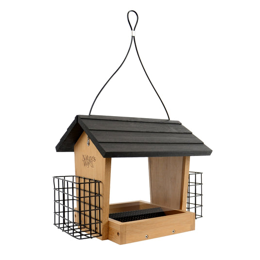 Multiple birds feeding from Nature's Way 3 QT bamboo Hopper bird Feeder with two Suet Cages