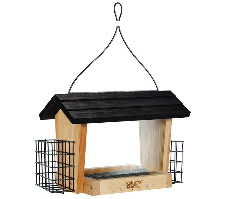 Load image into Gallery viewer, Nature's Way 6 QT Hopper cedar bird Feeder with two Suet Cages