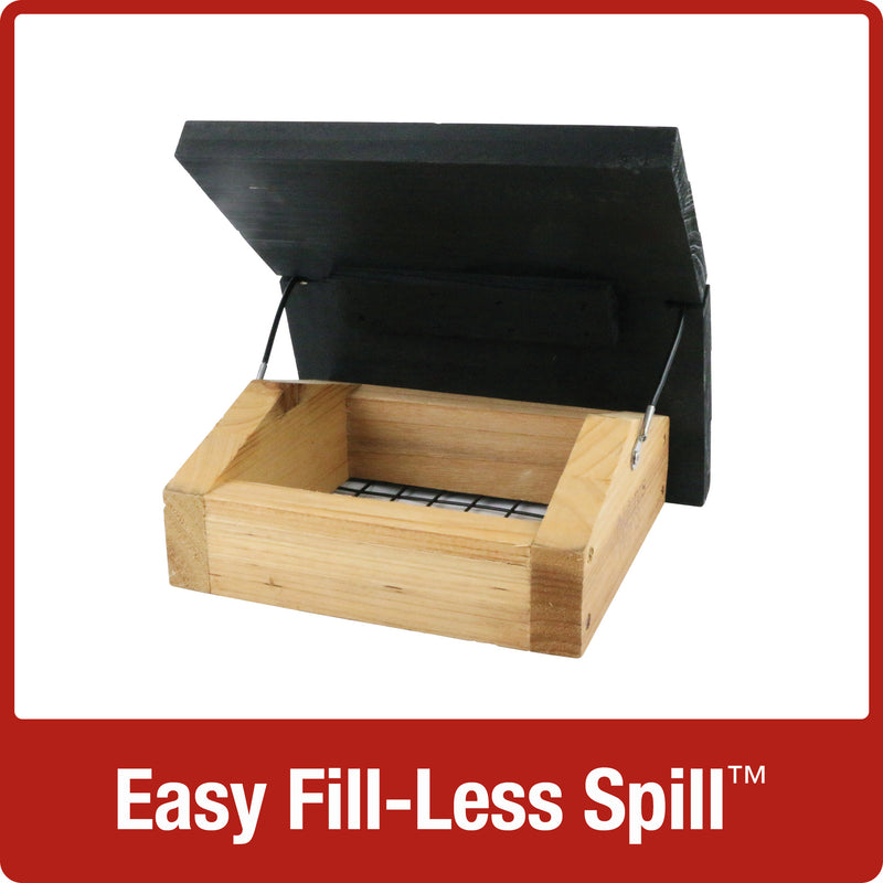 Load image into Gallery viewer, Demonstration of easy fill-less spill roof with no tools required on Nature's Way Upside-down cedar Suet bird Feeder