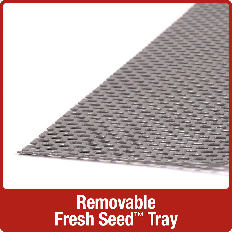 Load image into Gallery viewer, Close up of rust-free, removable fresh seed tray on Nature's Way cedar Hanging Platform bird Feeder