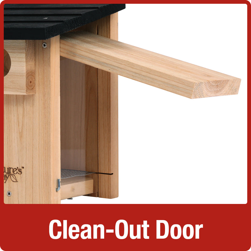 Load image into Gallery viewer, easy clean out door on the Nature&#39;s Way Bluebird Box House with Viewing Window
