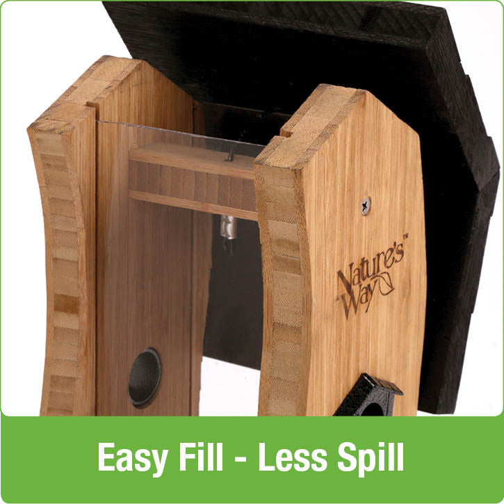 Load image into Gallery viewer, Demonstration of easy fill-less spill roof with no tools required on Nature&#39;s Way bamboo Vertical Wave bird Feeder
