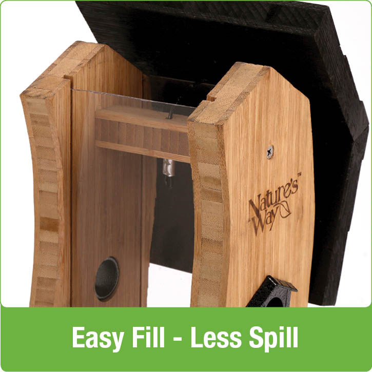 Load image into Gallery viewer, Demonstration of easy fill-less spill roof with no tools required on Nature's Way bamboo Vertical Wave bird Feeder