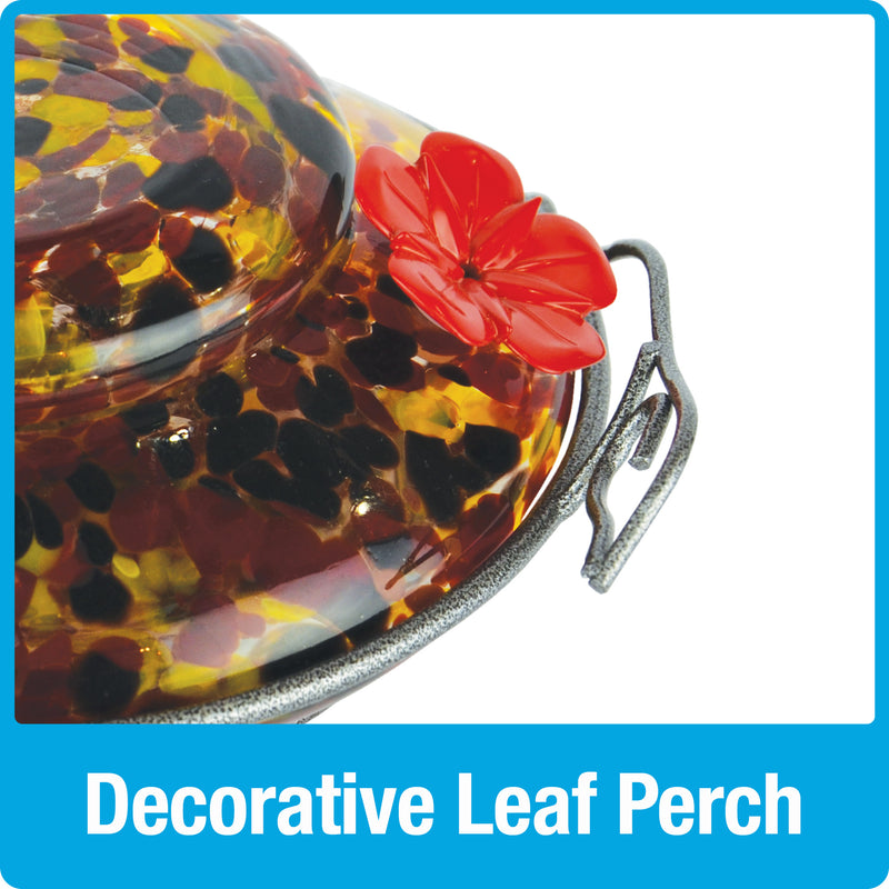 Load image into Gallery viewer, three decorative leaf perches on Nature's Way red, yellow and black speckled hand blown glass garden hummingbird feeder