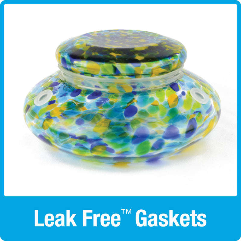 Load image into Gallery viewer, Close up of leak free gaskets on the Nature's Way Illuminated Hummingbird hand blown glass Feeder