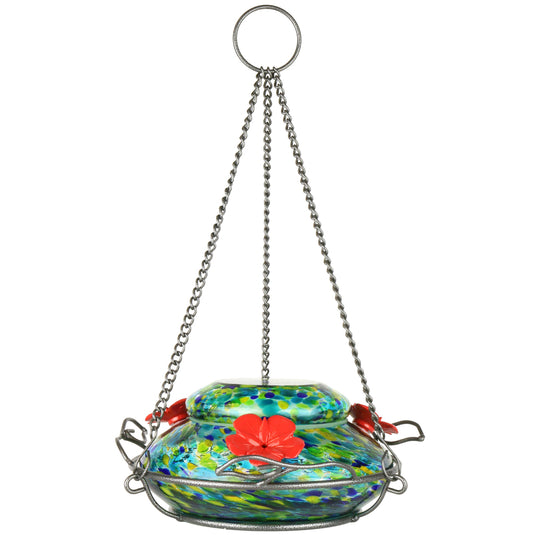 Nature's Way Illuminated Hummingbird hand blown glass Feeder on white background