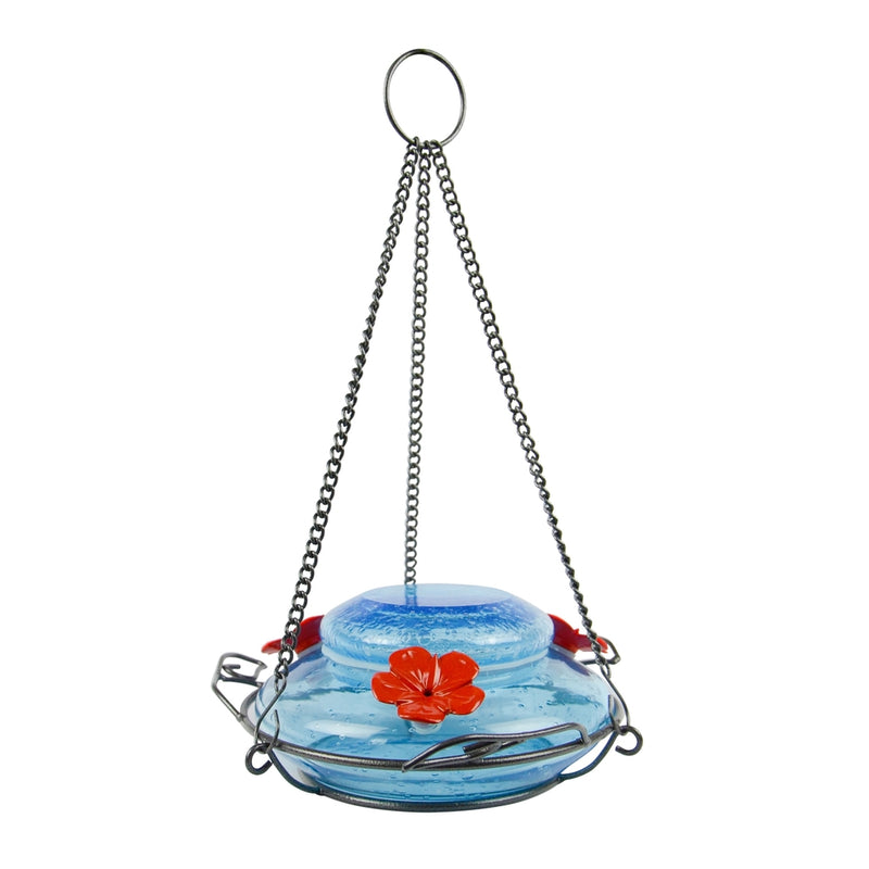 Load image into Gallery viewer, Nature's Way hand blown glass garden hummingbird feeder in mason jar blue with three red flower feeding ports and 3 decorative leaf perches on white background